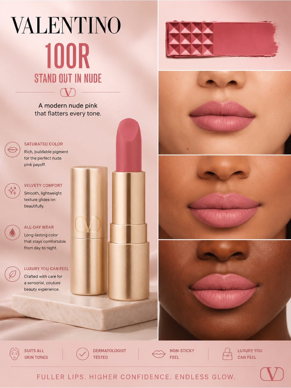 NIB Valentino Spike Travel Size Ultmatte Lipstick - 100R Stand Out in Nude